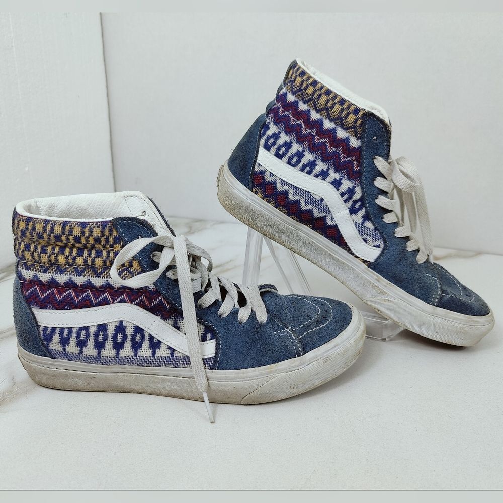 Vans Sk8-Hi Blue Fair Isle Blue Suede Lace Up Sneakers Skate Shoes, 7.5(M) 9(W)